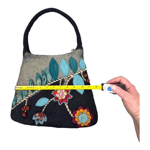 Nepal Handmade Felted Wool Tote Shoulder Bag Brown Gray Blue Flower Floral Purse - Picture 6 of 11